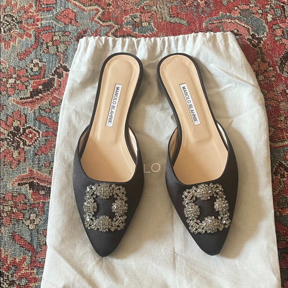 Manolo Blahnik Black Satin Mules with Crystal Embellishments